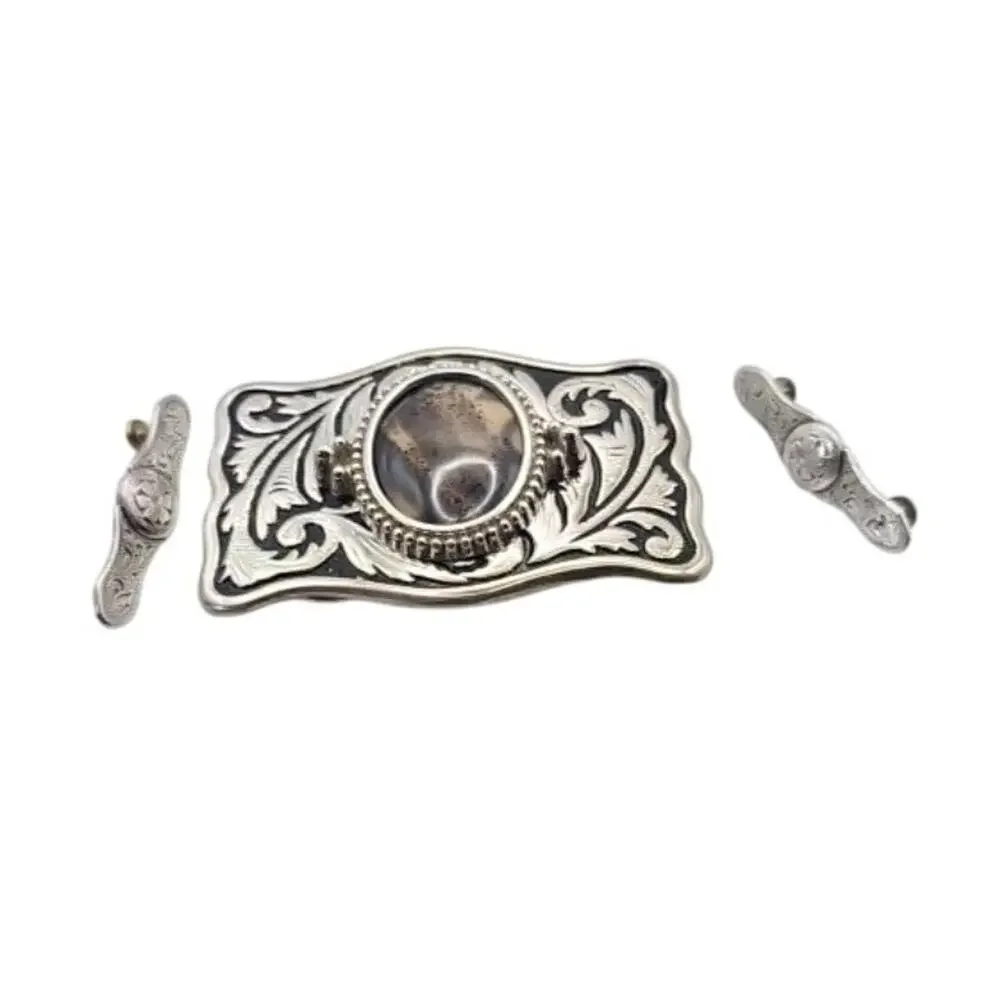 Western Belt Buckle Dendritic Agate Cabochon Silver Engraved Accents Side Pieces